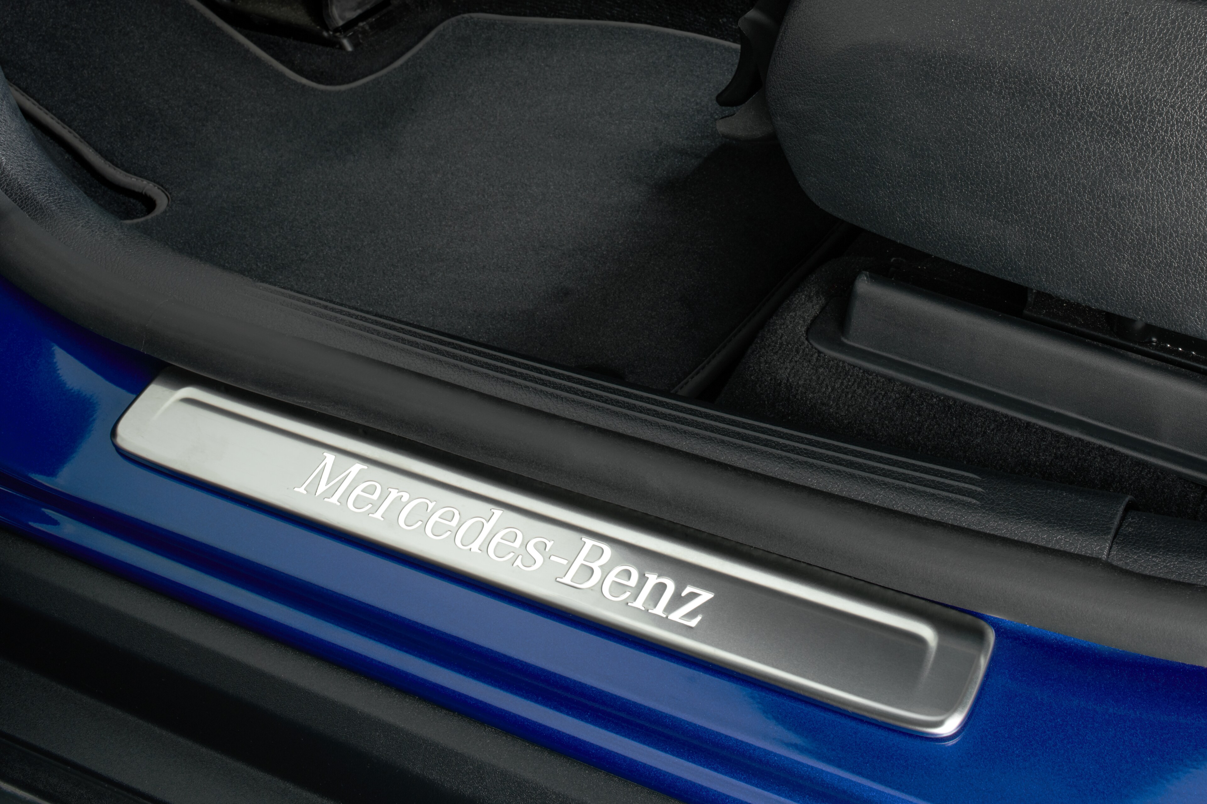 Exchangeable cover for illuminated door sill panel, Mercedes-Benz, Front, set of 2 - Stainless steel, silver-coloured / white