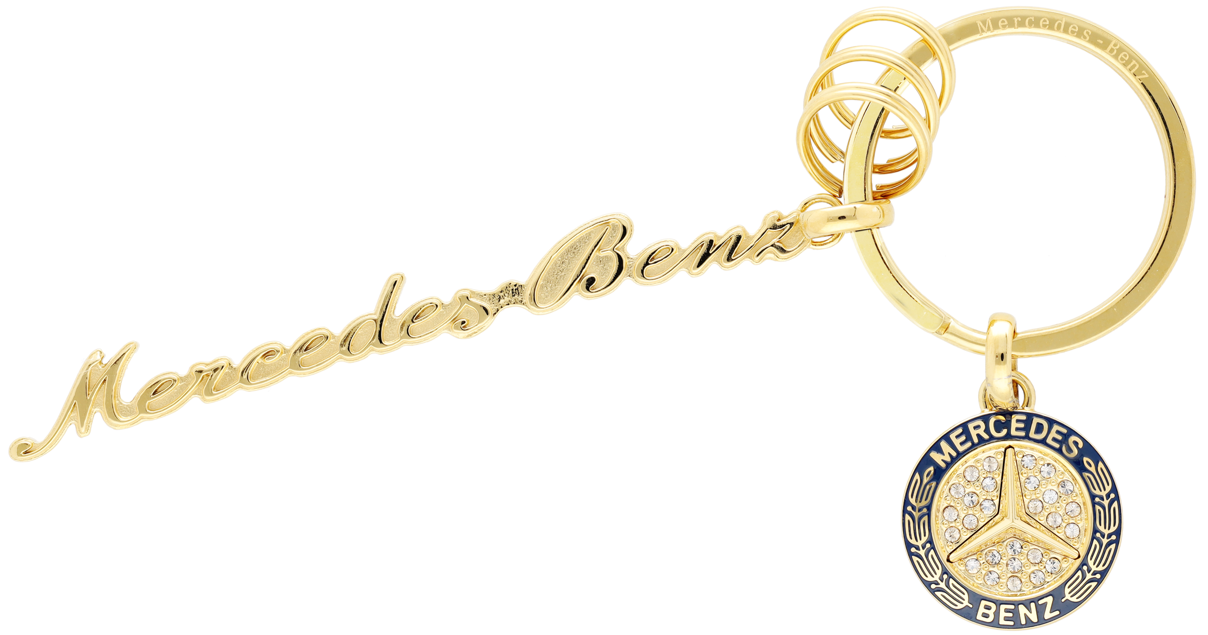 Key ring, Mercedes Classic lettering - yellow gold-coloured / blue, Stainless steel / Crystal glass, polished